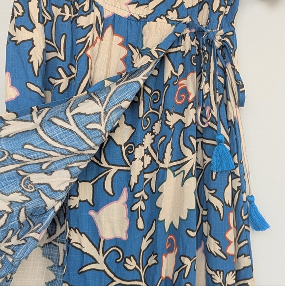 Knox Rose Midi Floral Wrap Dress Short Sleeves Tiered Ruffle Teal Cream sz Small - Picture 7 of 11